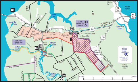 A road map with some roads and units highlighted in magenta. For accessibility, please call 252-473-1131.