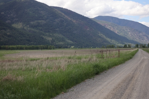 A dirt road heads into the distance. Mountains rise to the left.
