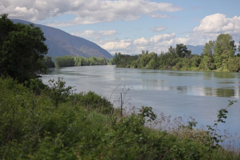 Scenic view of the Kootenay River from atop a levee