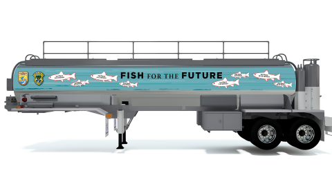 A graphic of a tanker trailer with graphics of blank fish on the sides and the words "Fish for the Future" and a USFWS logo and Idaho Department of Fish and Game logo.