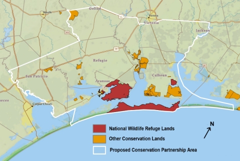 A map of Aransas national wildlife refuge and the surrounding areas showing currently protected conservation lands and the proposed conservation partnership area from Matagorda island to jackson, to goliad, to San Patricio. 