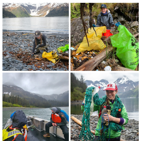 Collage of staff filling trash bags with marine debris from beaches. From top left clockwise, person picks up tiny foam pieces scattered in drift wood; person surrounded by various sizes of foam pieces sorts into bags; people sit on edge of skiff ready to land on beach; person smiles holding net and several plastic bottles.
