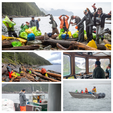Collage of images illustrating the diverse workload of the marine debris clean up project. Top image is fun crew with people jumping, throwing trash bag, smiling, and holding toys found. Clockwise from middle left: staff stand in drift wood pile and fill trash bags; boat captain looks at GPS; National Park Service boat approaches larger research vessel; skiff transports marine debris crew to shore.