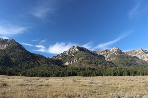 Forested mountains under a blue sky are shown.