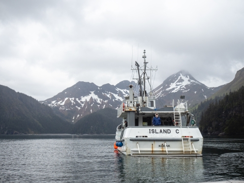 Research vessel Island C in cove with snow covered mountains in the background.