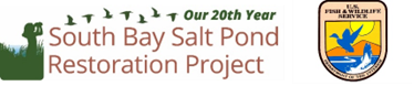 Two logos are pictures, one of the South Bay Salt Pond Restoration Project and one for the U.S. Fish and Wildlife Service.