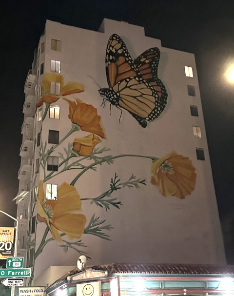 an orange and black monarch butterfly lands on orange california poppies depicted on the side of a 50 foot building in San Francisco. The mural is on a white background and the photo is taken at night.
