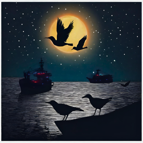 Graphic of offshore vessels with dim lights at night and silhouettes of birds