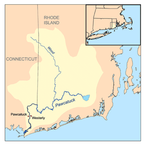 A map with two rivers marked in blue: The Pawcatuck starting at Worden Pond in southern Rhode Island and flowing west to the Connecticut border then south to Narragansett Bay and the Atlantic Ocean; and the Wood starting in east-central Connecticut and flowing south to join the Pawcatuck.