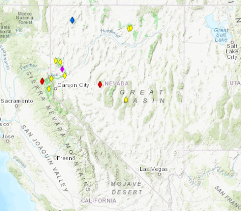 A map of Nevada with diamond shaped markers spread across northern Nevada.