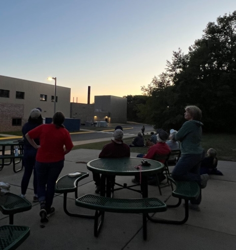 group of people watch for chimney swifts at dusk