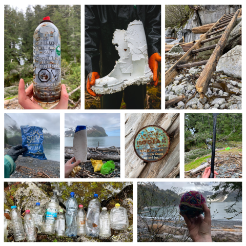 Collage of images of various pieces of marine debris found. Clockwise from top left: spray can, boot liner, wooden ladder, chip bag, shampoo bottle, metal tin, windshield wiper, plastic bottles, and toy ball.