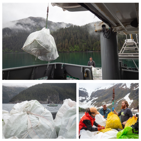 Collage of images displaying marine debris trash management. Top image of supersack lifted with a crane from one boat deck to another. Bottom left image shows large supersack bags with smaller boat visible in distance between bags. Bottom right image shows trash bags being weighed and loaded into larger white supersacks.