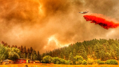  A plane flies over a red house. It drops red dust onto a forest of evergreen trees. In the background is flames and smoke. 
