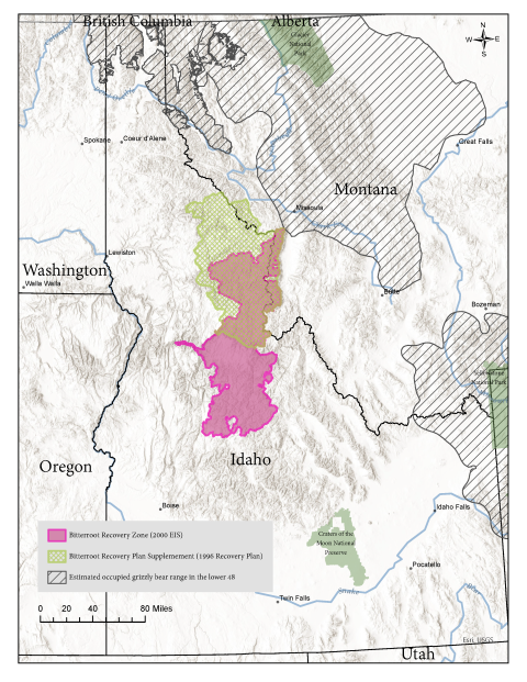 Map of Montana and Idaho showing the Bitterroot Ecosystem Recovery Zone for grizzly bears, area is a small portion of western-central Montana and central Idaho.