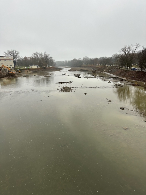 Looking upstream where Charles Mill Dam previously was. There is now a free-flowing river with more sediment exposure along the banks.