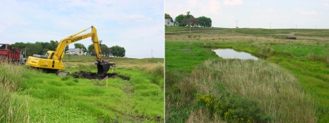 Left: An excavator digs to restore an oxbow. Right: The restored oxbow provides important wetland habitat.