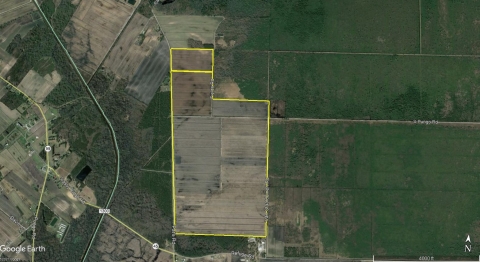 Satellite map of forests and fields, with a block of fields outlined in yellow. For accessibility, please call 252-256-0316.