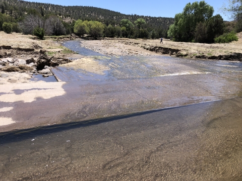 A low-water road crossing made of cement flooded over with water in Gila National Forest