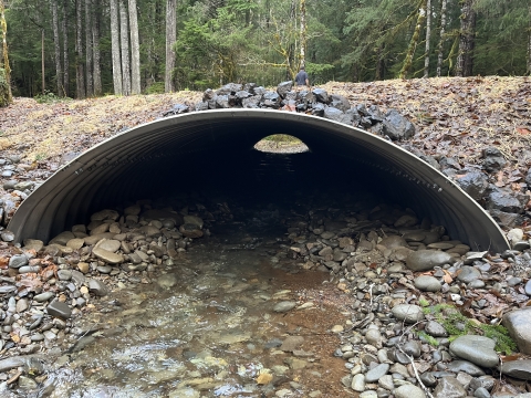 A large metal, open-bottom culvert over a rocky bottom with low flow.