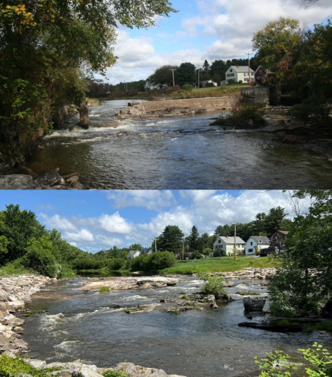 Top: a partially breached cement dam, crumbling into the river. Bottom: the Sabattus River with the dam removed, exposing rocky riffles and and free flow for passage.