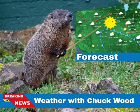 Graphic of a groundhog. The groundhog is pointing to a weather map and the text on the image says “Weather with Chuck Wood.”