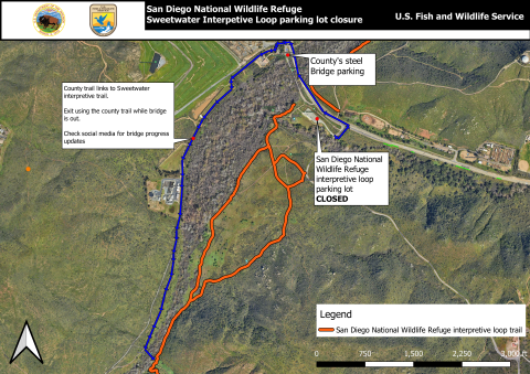 Map of San Diego National Wildlife Refuge Sweetwater Interpretive Loop parking closure.For further assistance understanding the map, contact Refuge Manager Dwane Binns 619-385-1190. 