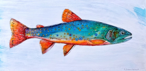 Painting of a trout done in bright colors 