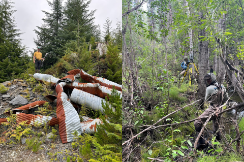 Two side-by-side photographs. To the left, Tim Ericson stands atop a hill covered in rusted, crumpled culverts that have been removed from streams in southeast Alaska. On the right, through tall and thin trees, Jess Straub (background) and Tim Ericson (foreground) calculate the slope of the ground.