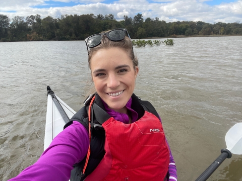 a selfie of a woman in a kayak