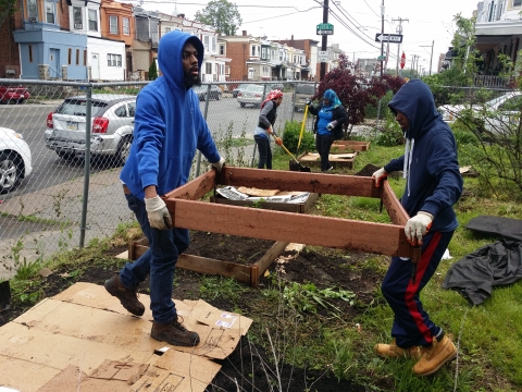 Two people carrying a garden bed in a grassy lot lined by metal fences. Two more people with shovels and a street sign that reads Cecil Street are pictured in the background