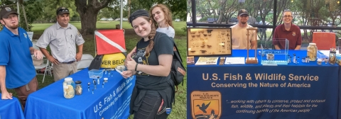 Two photos of Justin Crow and Service colleagues conducting outreach at local events at a USFWS booth.