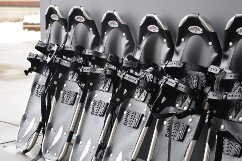 about six snowshoes lined up on a wall.