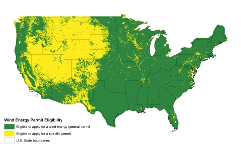 Map of USA showing eagle wind permit eligibility for wind turbines
