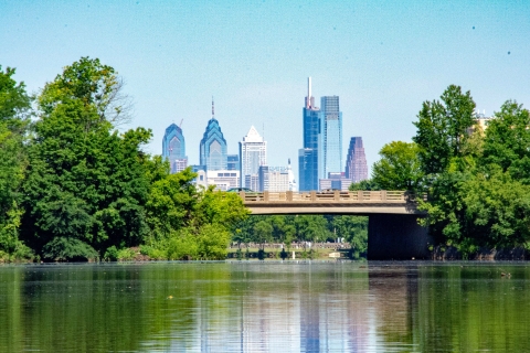 From a river surrounded by trees, a city skyline can be seen beyond