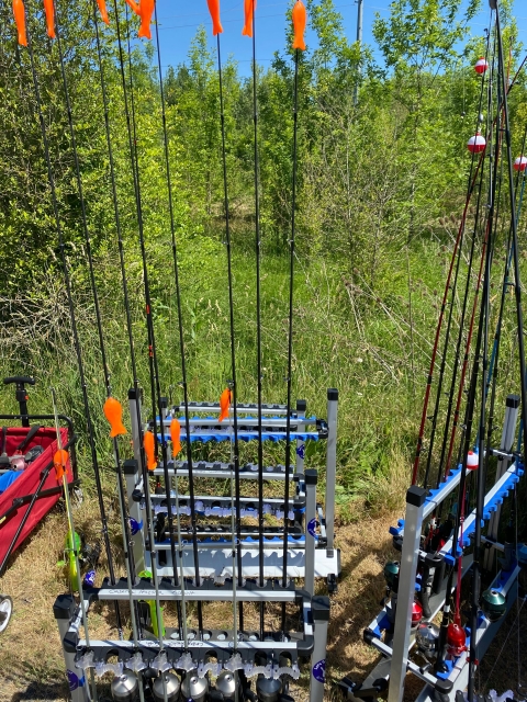 fishing poles on a rack with greenery behind