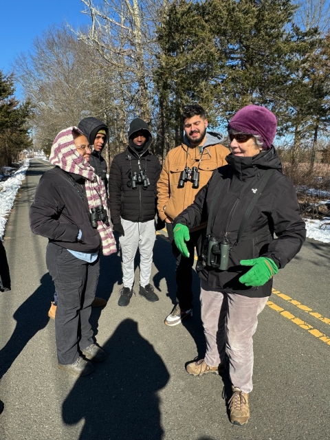 Friends of Great Swamp National Wildlife Refuge Board Member Kathy Woodward with youth from Groundwork Elizabeth at the 2024 Great Backyard Bird Count at Great Swamp National Wildlife Refuge