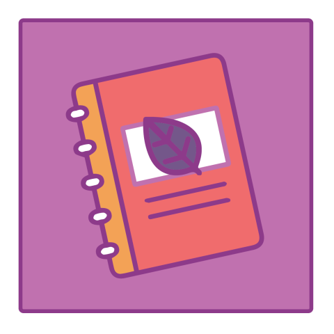 Icon of a notebook with a small leaf on the cover.