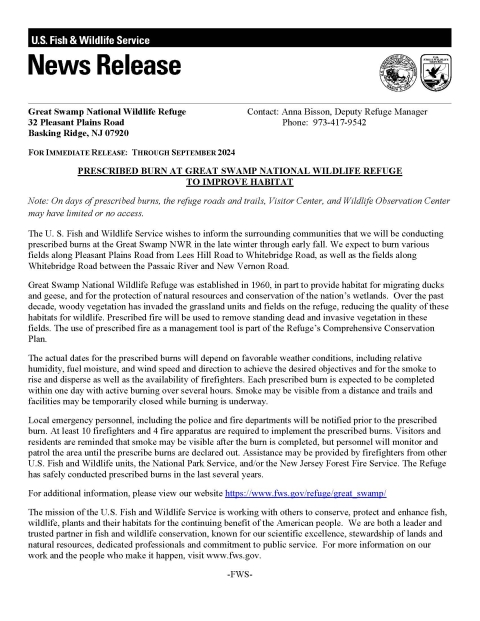 Prescribed Fire News Release 2024 Great Swamp NWR