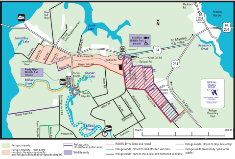 A complex map showing refuge property, roads, and trails, and marking which ones are open to motorized vehicles, closed to motorized vehicles, or closed to all entry. For accessibility, please call 252-473-1131.