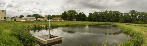 Panoramic photo of a pond on a summer day at Gavins Point NFH