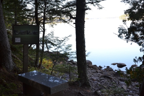Ed Hastings trail bench overlooking Green Lake, ME