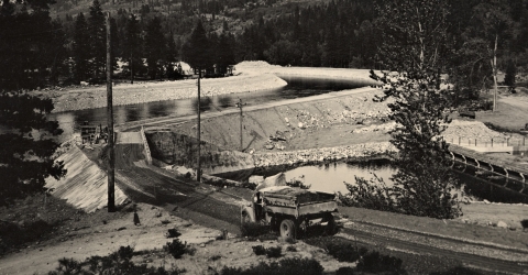 Construction of the Icicle Creek Diversion Channel and Dam #2 at Leavenworth NFH in 1940.