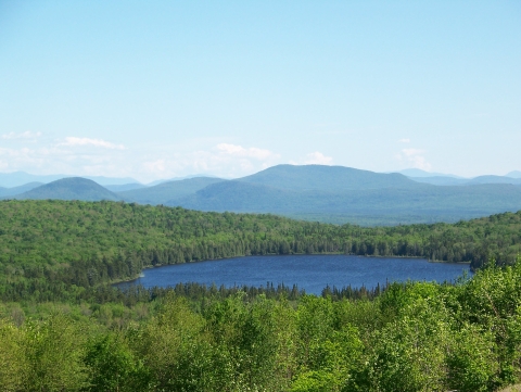 A pond between northern forests with rolling mountains behind it