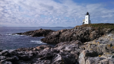 Two Bush Island Lighthouse and rocky shoreline 