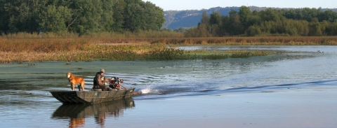 A hunter and his dog in a small motorboat on a slough off the Mississippi River