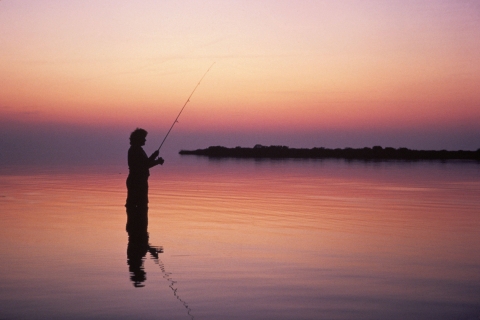 A person stands in the water fishing at sunset. The sky is pink and orange, and is reflected in the water. 