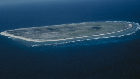 A shot of all of Baker Island as it sits in the middle of the Pacific Ocean. The dark blue water surrounds it on all sides, while the island peaks out in an oval shape. 