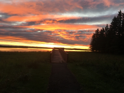 J. Clark Salyer National Wildlife Refuge observation ramp and deck located at the refuge headquarters at sunset.