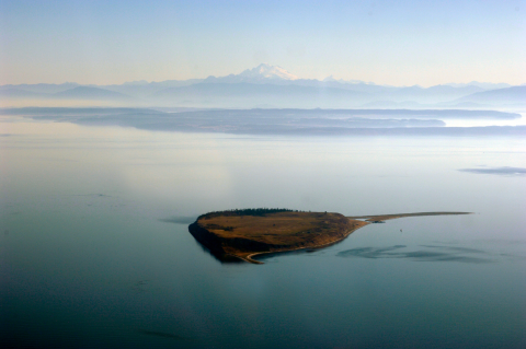 Aerial view of Protection Island NWR with Mt. Baker in the distance